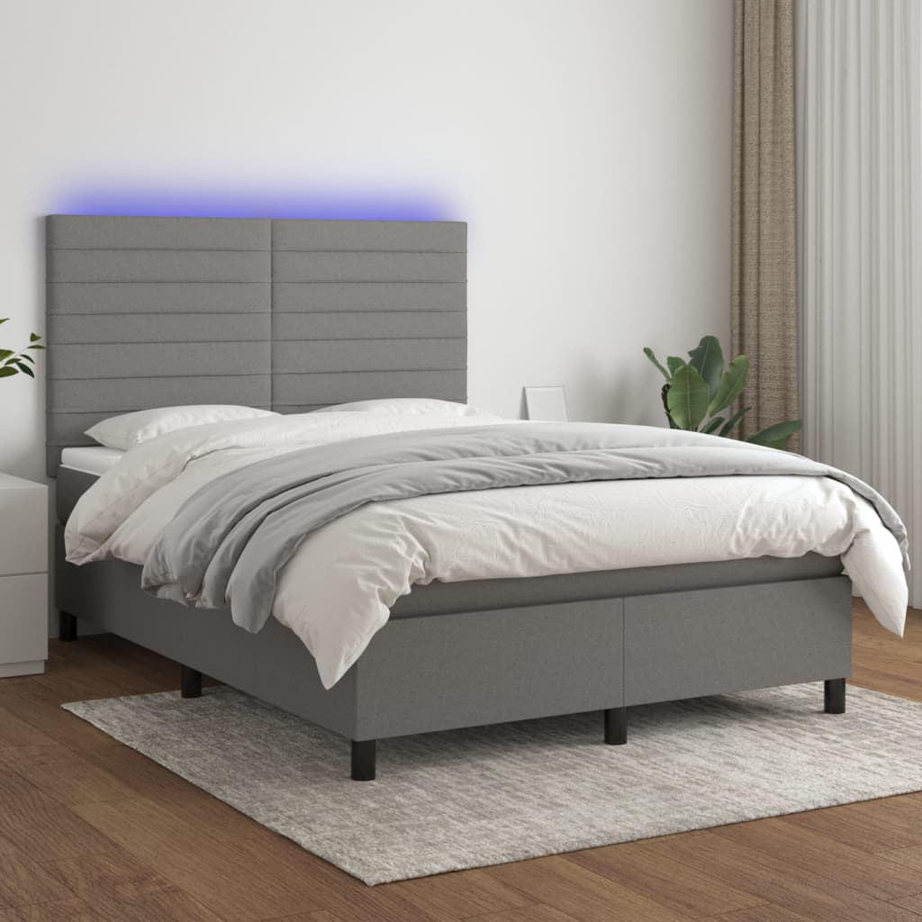 Κρεβάτι Boxspring με Στρώμα & LED Σκ.Γκρι 140x190εκ. Υφασμάτινο