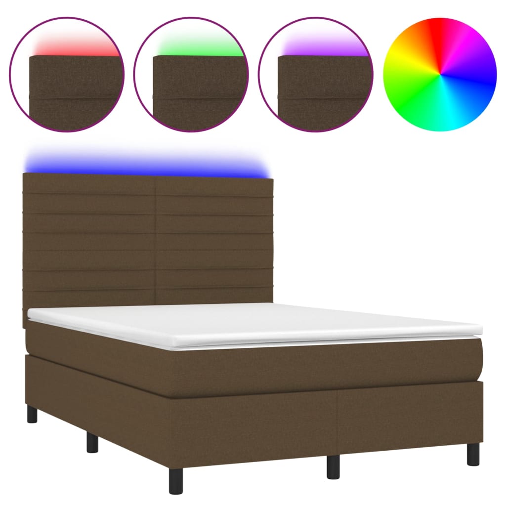 Κρεβάτι Boxspring με Στρώμα & LED Σκ.Καφέ 140x190εκ. Υφασμάτινο