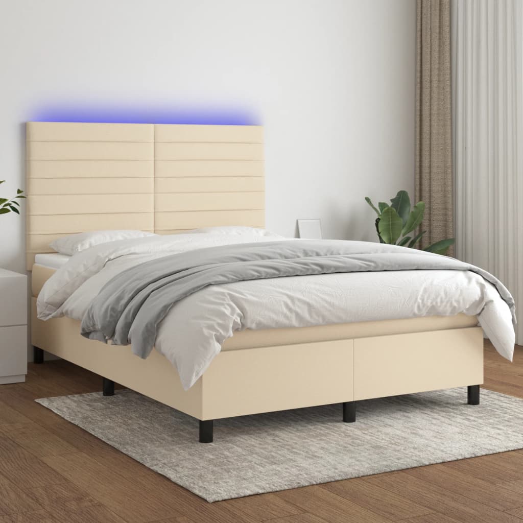 Κρεβάτι Boxspring με Στρώμα & LED Κρεμ 140x190 εκ. Υφασμάτινο - Pakobazaar