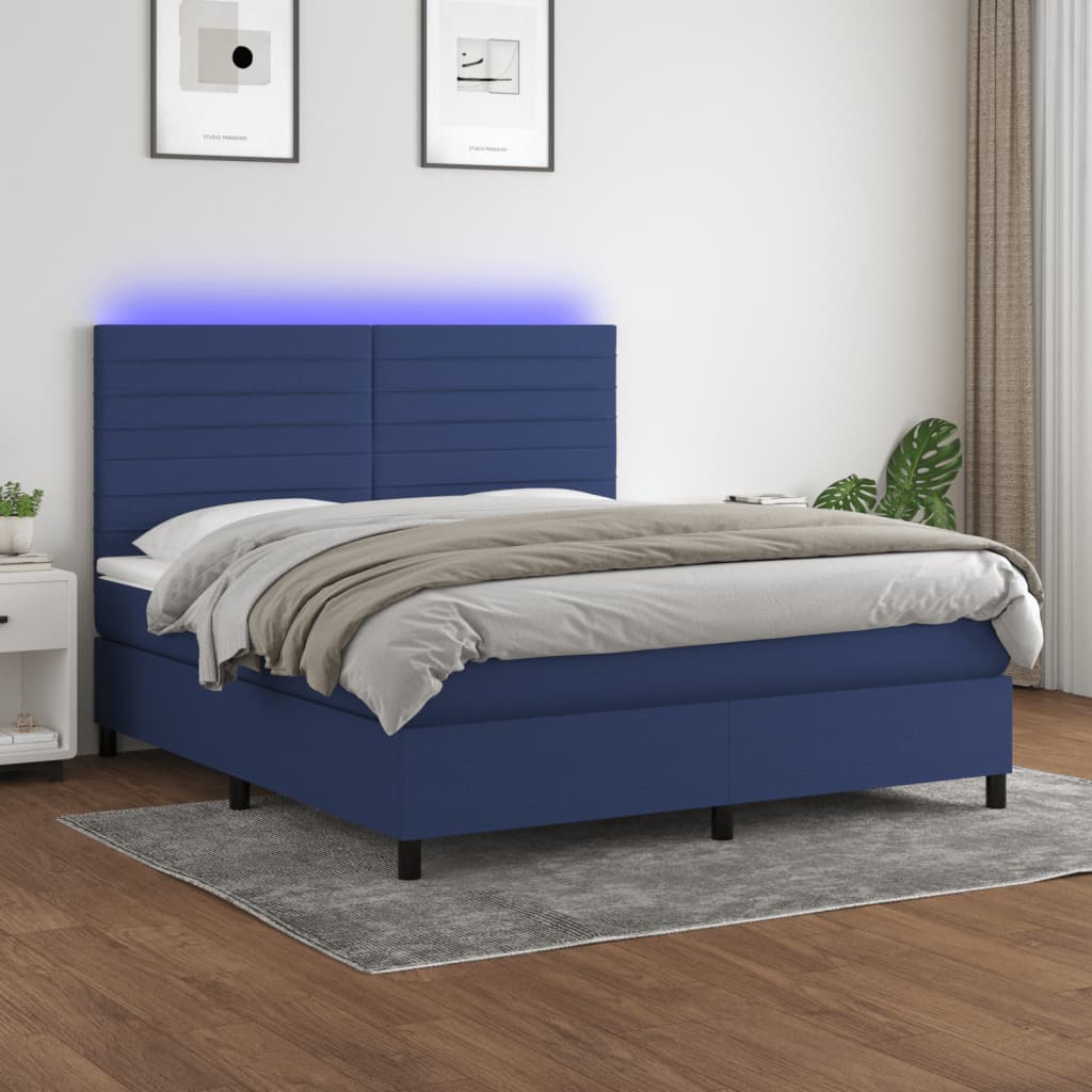 Κρεβάτι Boxspring με Στρώμα & LED Μπλε 160x200 εκ. Υφασμάτινο - Pakobazaar