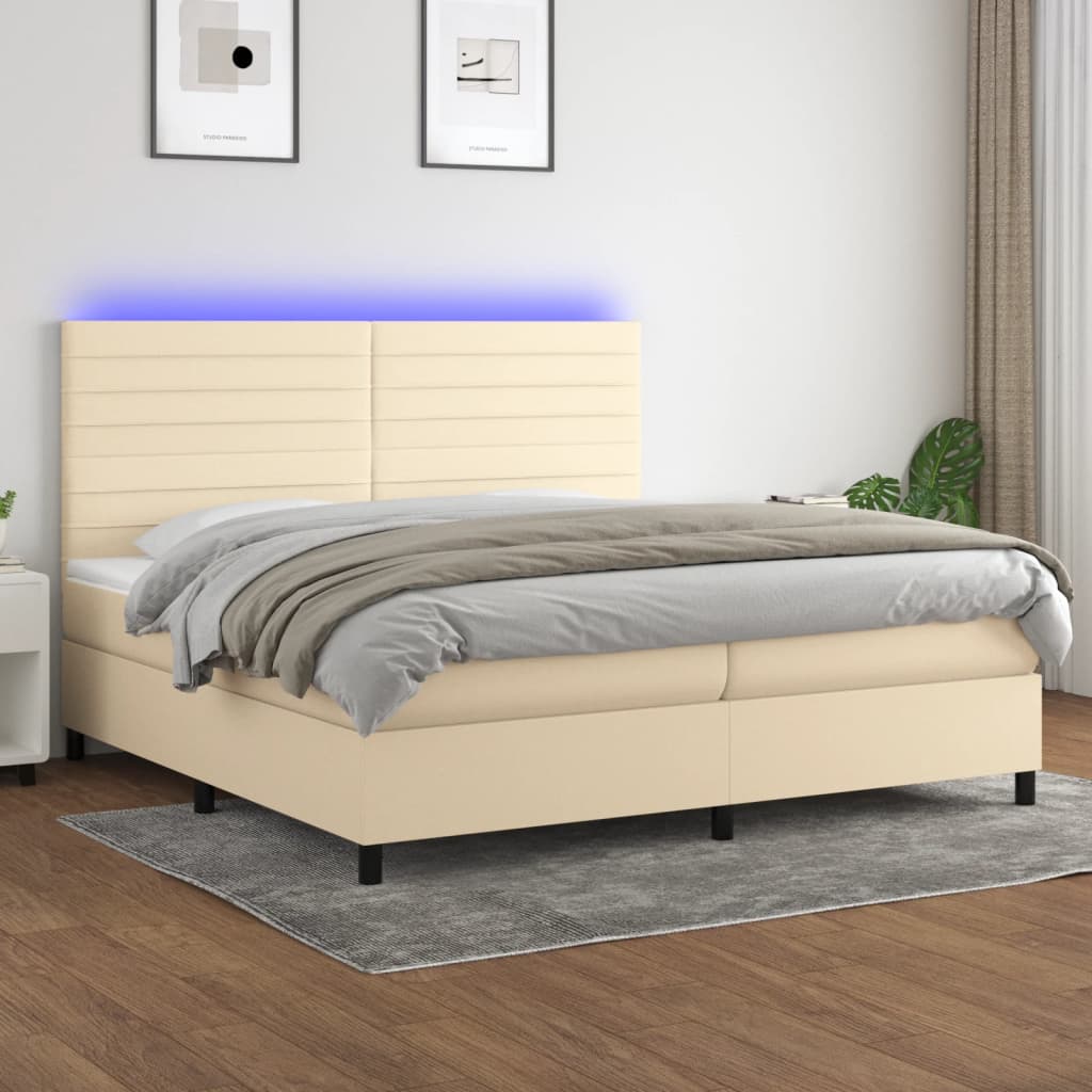 Κρεβάτι Boxspring με Στρώμα & LED Κρεμ 200x200 εκ. Υφασμάτινο