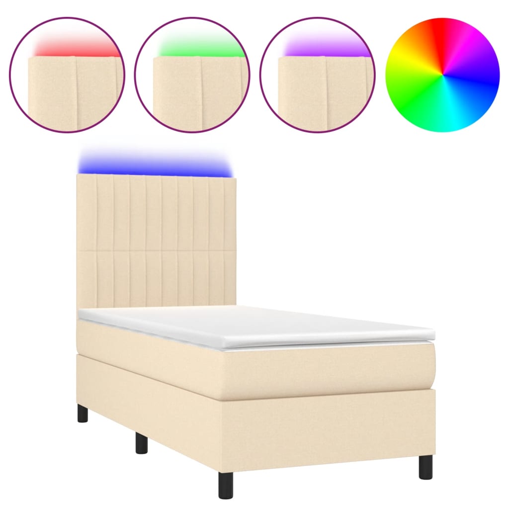 Κρεβάτι Boxspring με Στρώμα & LED Κρεμ 90x190 εκ. Υφασμάτινο