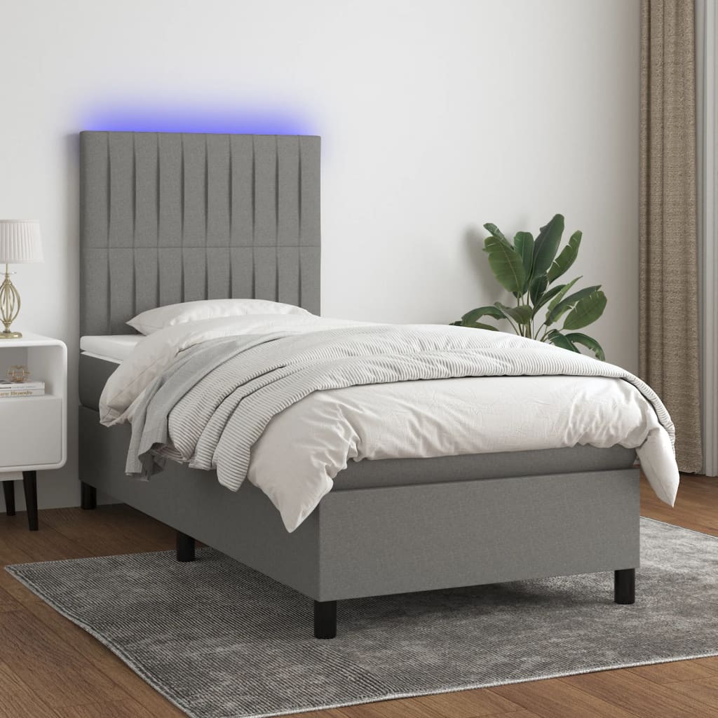 Κρεβάτι Boxspring με Στρώμα & LED Σκ.Γκρι 100x200 εκ Υφασμάτινο