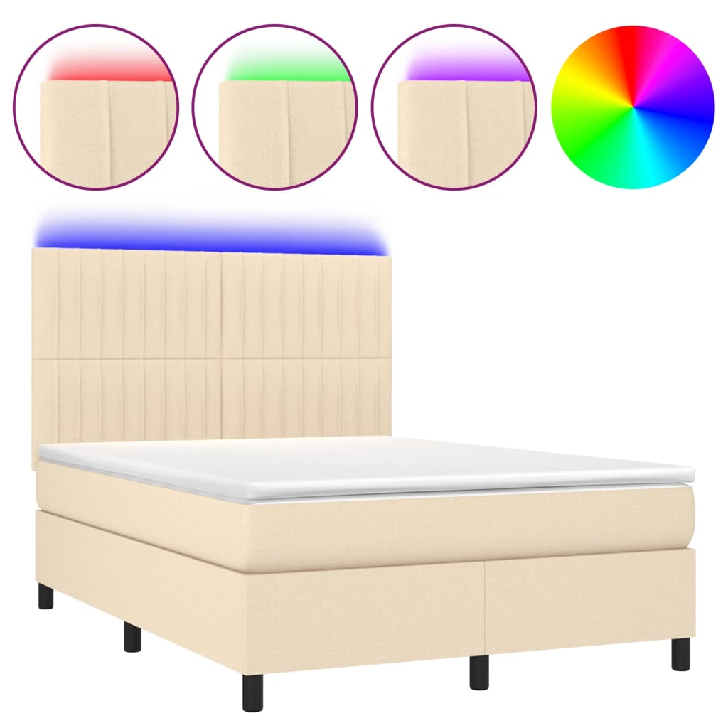 Κρεβάτι Boxspring με Στρώμα & LED Κρεμ 140x190 εκ. Υφασμάτινο - Pakobazaar