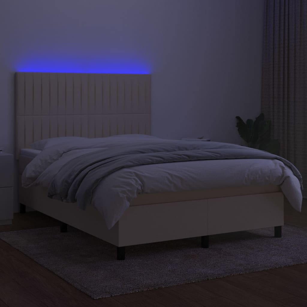 Κρεβάτι Boxspring με Στρώμα & LED Κρεμ 140x190 εκ. Υφασμάτινο - Pakobazaar