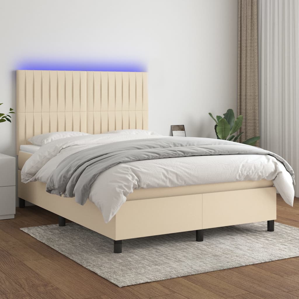 Κρεβάτι Boxspring με Στρώμα & LED Κρεμ 140x190 εκ. Υφασμάτινο - Pakobazaar