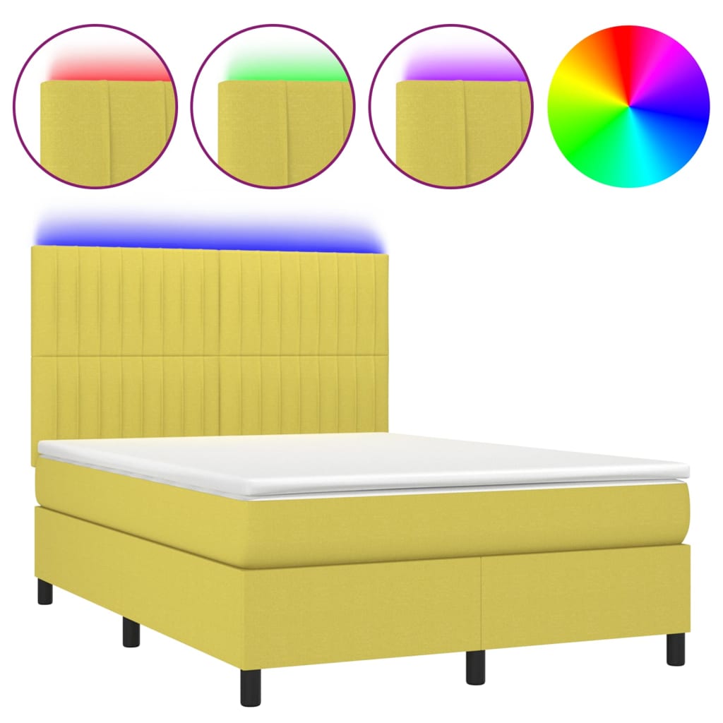Κρεβάτι Boxspring με Στρώμα & LED Πράσινο 140x190 εκ Υφασμάτινο