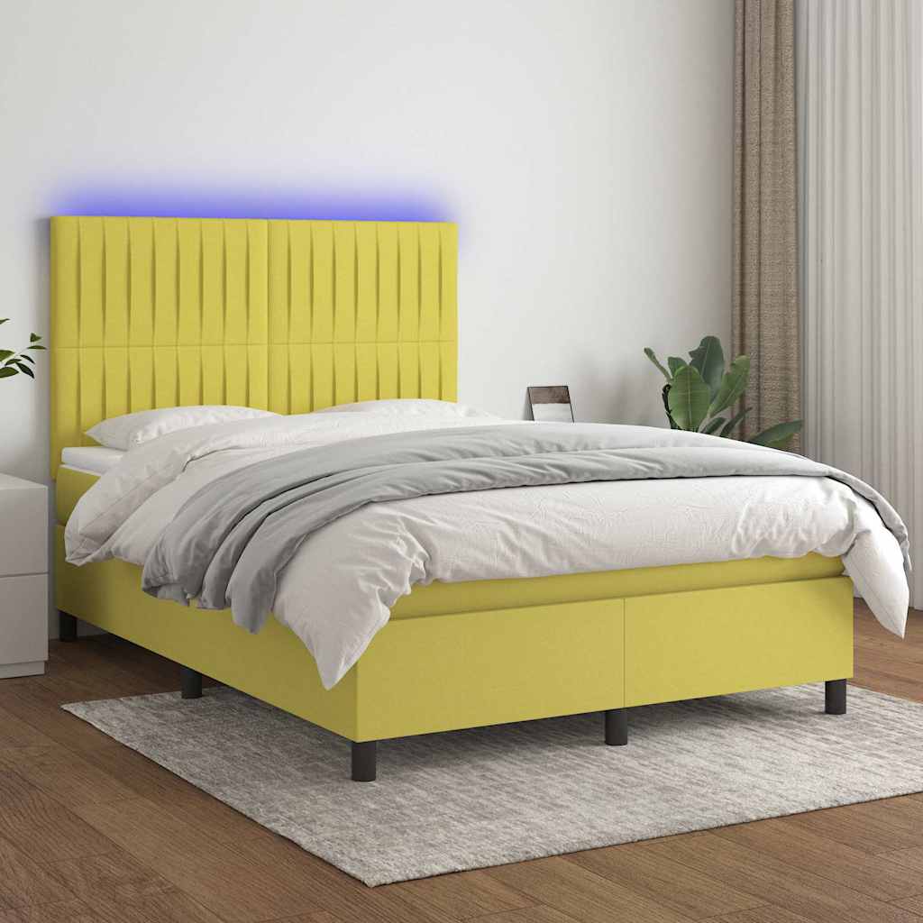 Κρεβάτι Boxspring με Στρώμα & LED Πράσινο 140x190 εκ Υφασμάτινο