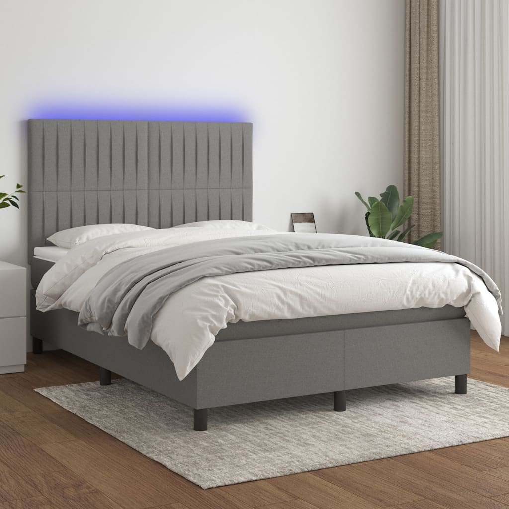 Κρεβάτι Boxspring με Στρώμα & LED Σκ.Γκρι 140x200 εκ Υφασμάτινο