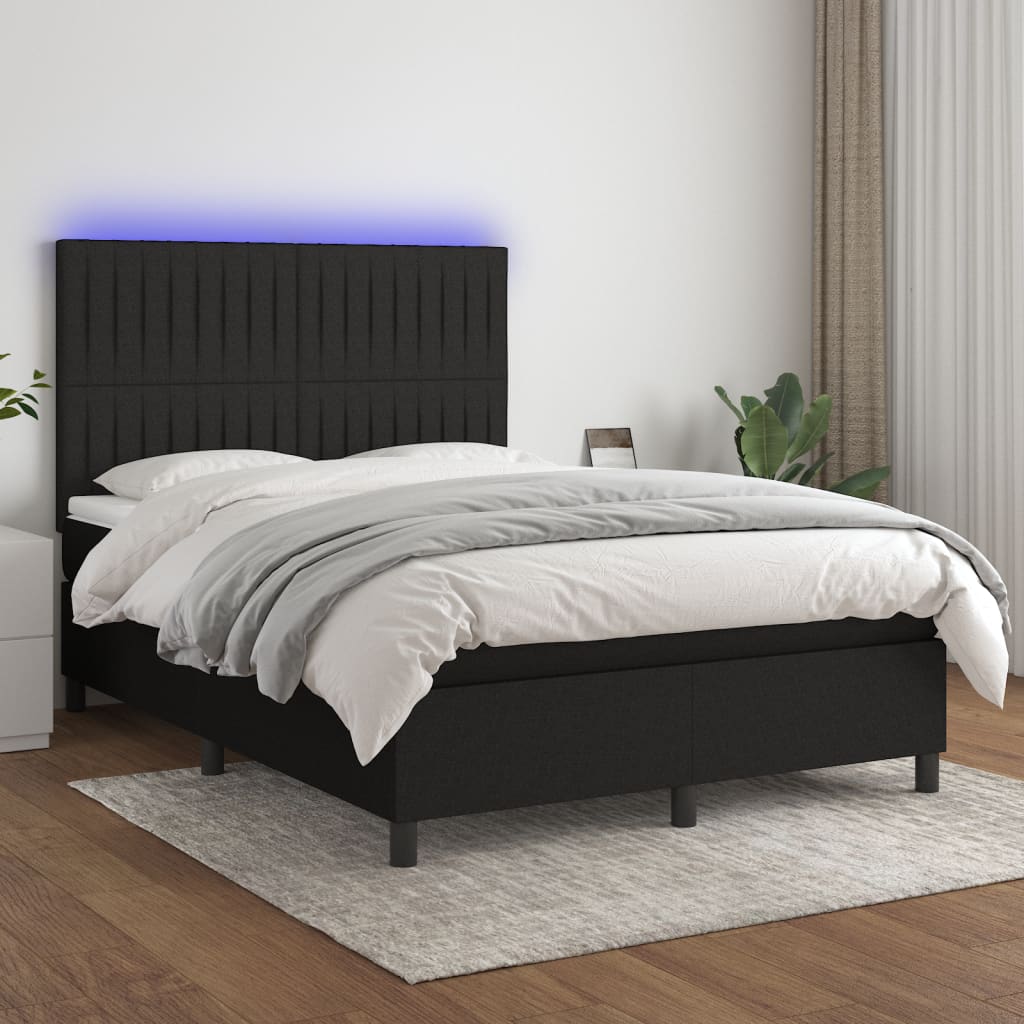 Κρεβάτι Boxspring με Στρώμα & LED Μαύρο 140x200 εκ. Υφασμάτινο