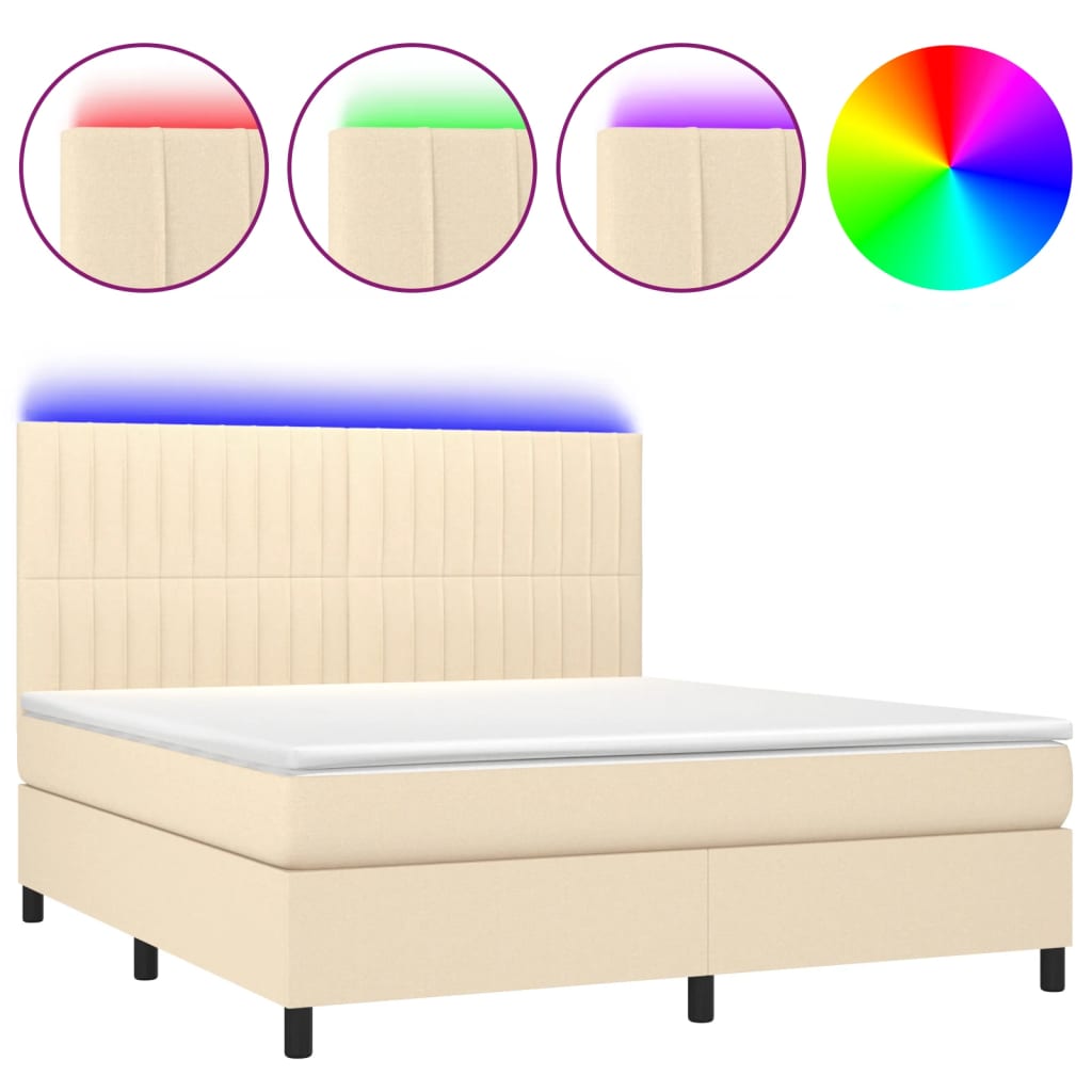 Κρεβάτι Boxspring με Στρώμα & LED Κρεμ 180x200 εκ. Υφασμάτινο