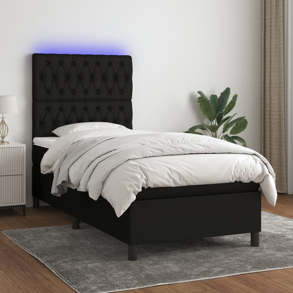Κρεβάτι Boxspring με Στρώμα & LED Μαύρο 90x190 εκ. Υφασμάτινο - Pakobazaar