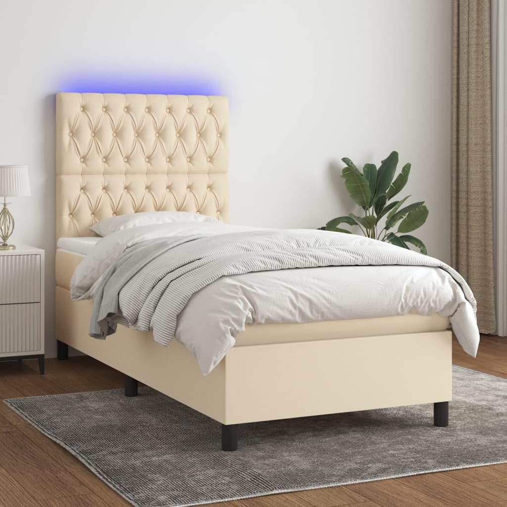 Κρεβάτι Boxspring με Στρώμα & LED Κρεμ 90x190 εκ. Υφασμάτινο