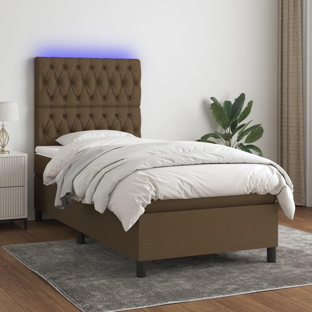 Κρεβάτι Boxspring με Στρώμα & LED Σκ.Καφέ 90x200 εκ. Υφασμάτινο