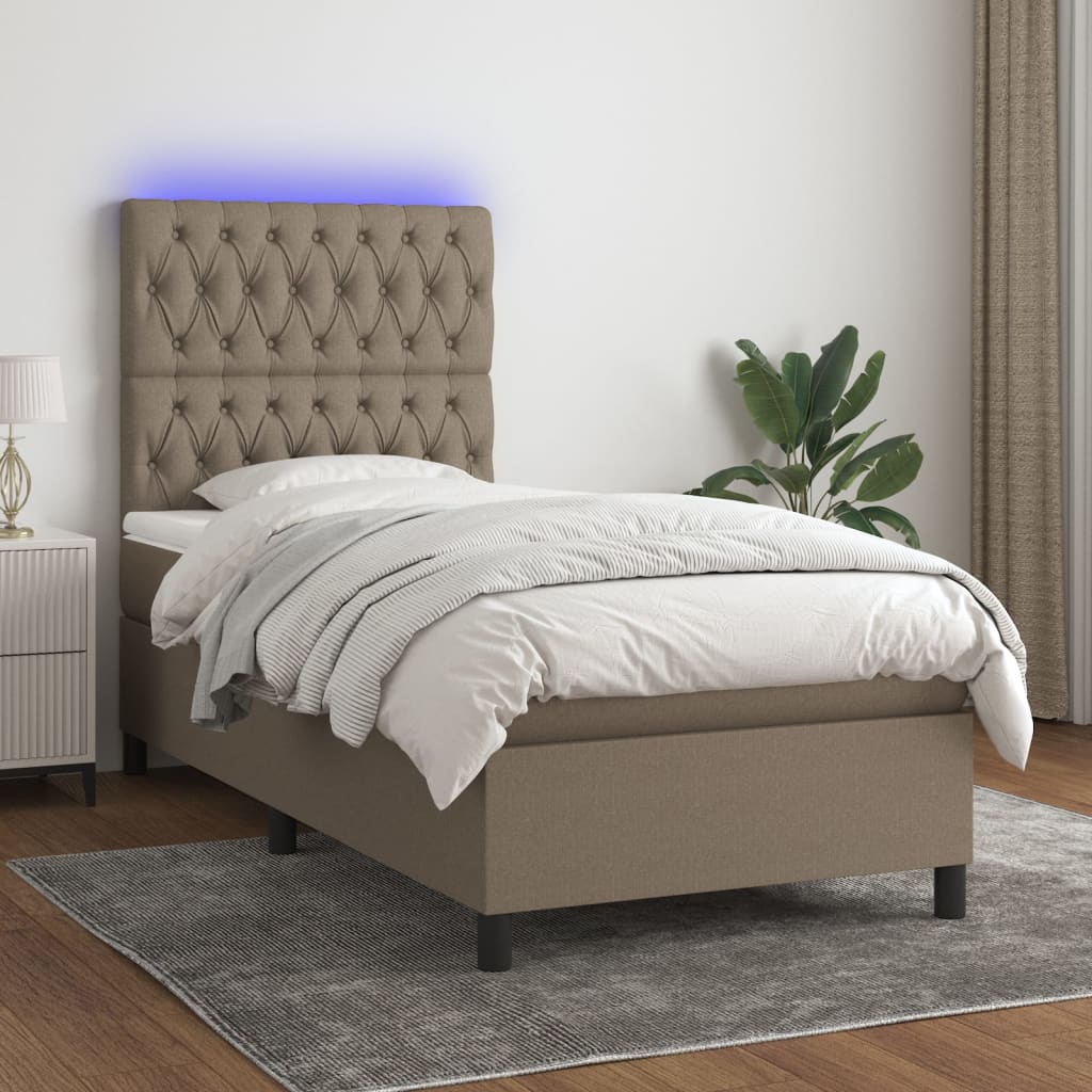 Κρεβάτι Boxspring με Στρώμα & LED Taupe 90x200 εκ. Υφασμάτινο