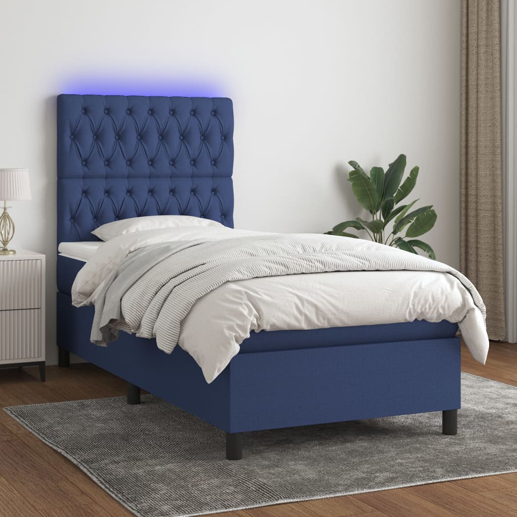 Κρεβάτι Boxspring με Στρώμα & LED Μπλε 90x200 εκ. Υφασμάτινο