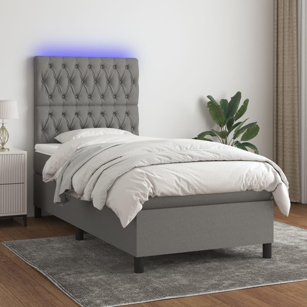Κρεβάτι Boxspring με Στρώμα & LED Σκ.Γκρι 100x200 εκ Υφασμάτινο