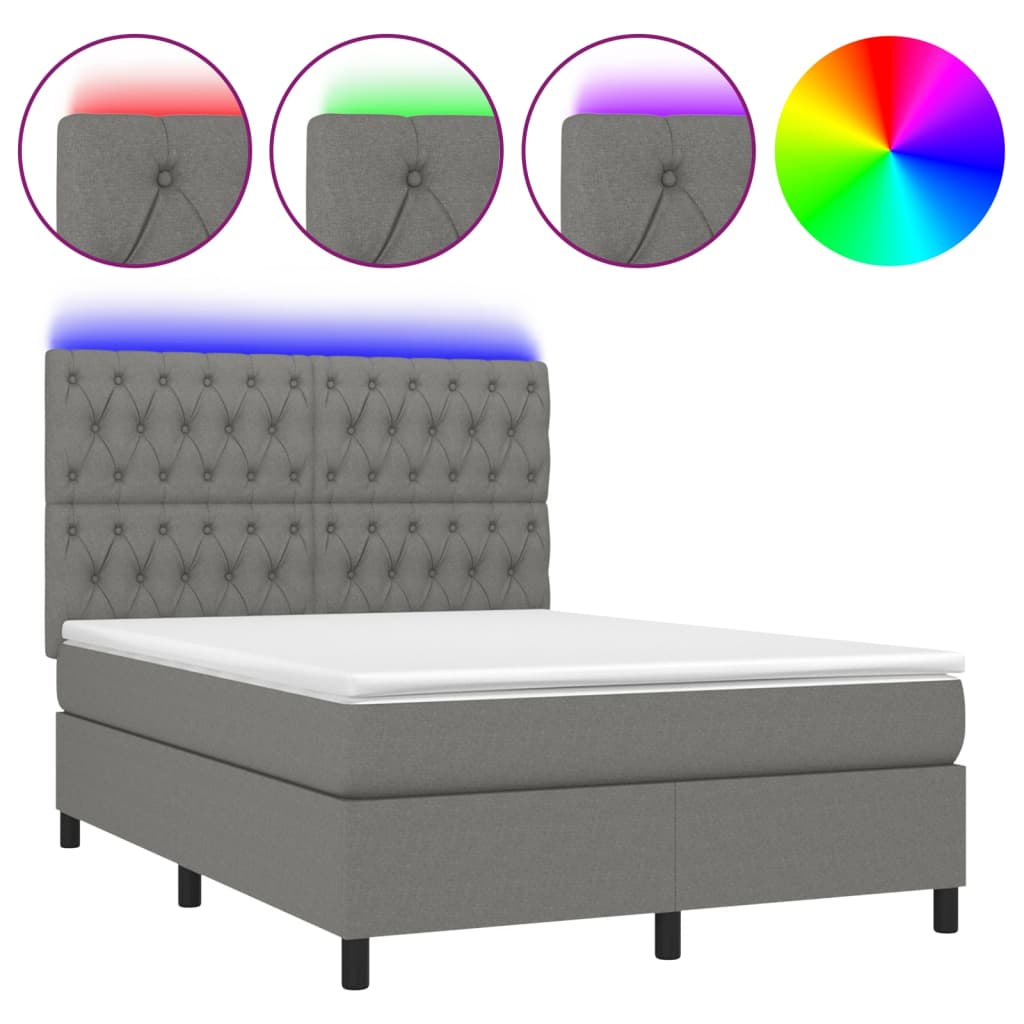 Κρεβάτι Boxspring με Στρώμα & LED Σκ.Γκρι 140x190εκ. Υφασμάτινο