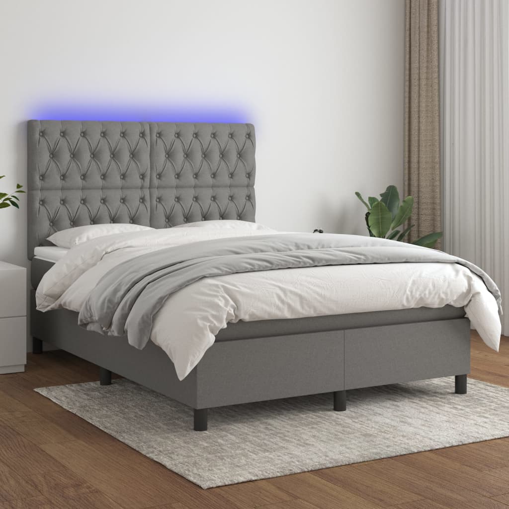 Κρεβάτι Boxspring με Στρώμα & LED Σκ.Γκρι 140x190εκ. Υφασμάτινο
