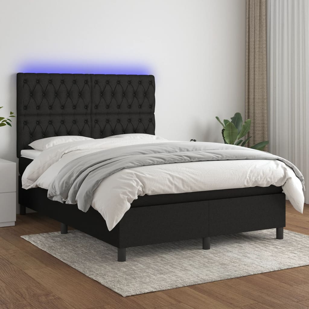 Κρεβάτι Boxspring με Στρώμα & LED Μαύρο 140x190 εκ. Υφασμάτινο