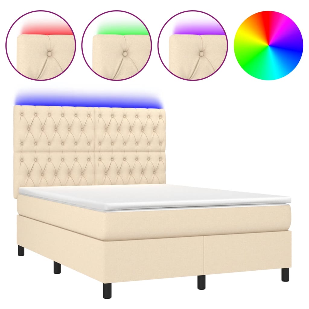 Κρεβάτι Boxspring με Στρώμα & LED Κρεμ 140x190 εκ. Υφασμάτινο - Pakobazaar