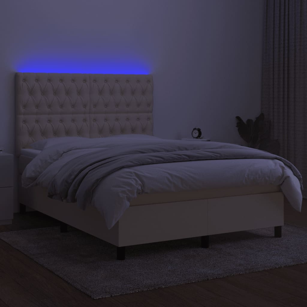 Κρεβάτι Boxspring με Στρώμα & LED Κρεμ 140x190 εκ. Υφασμάτινο - Pakobazaar