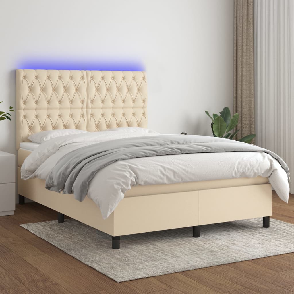Κρεβάτι Boxspring με Στρώμα & LED Κρεμ 140x190 εκ. Υφασμάτινο - Pakobazaar