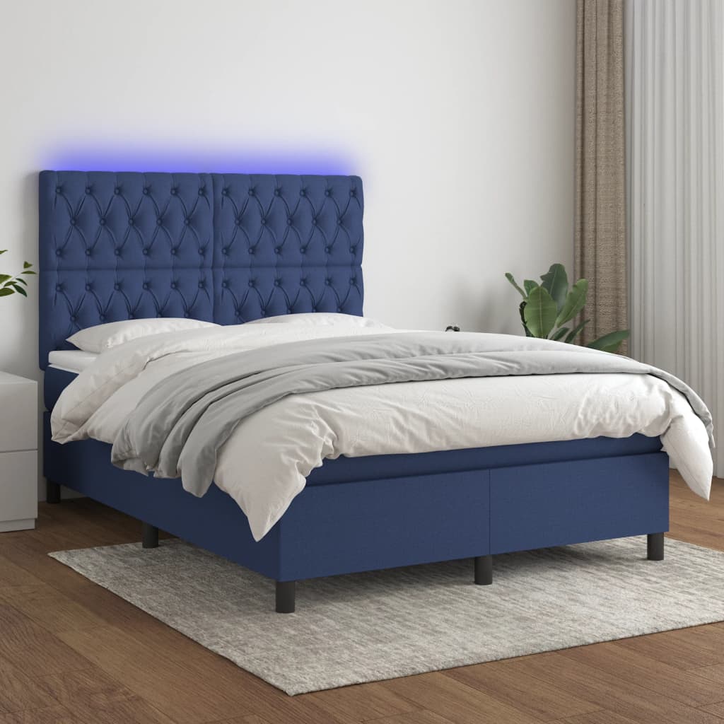 Κρεβάτι Boxspring με Στρώμα & LED Μπλε 140x190 εκ. Υφασμάτινο