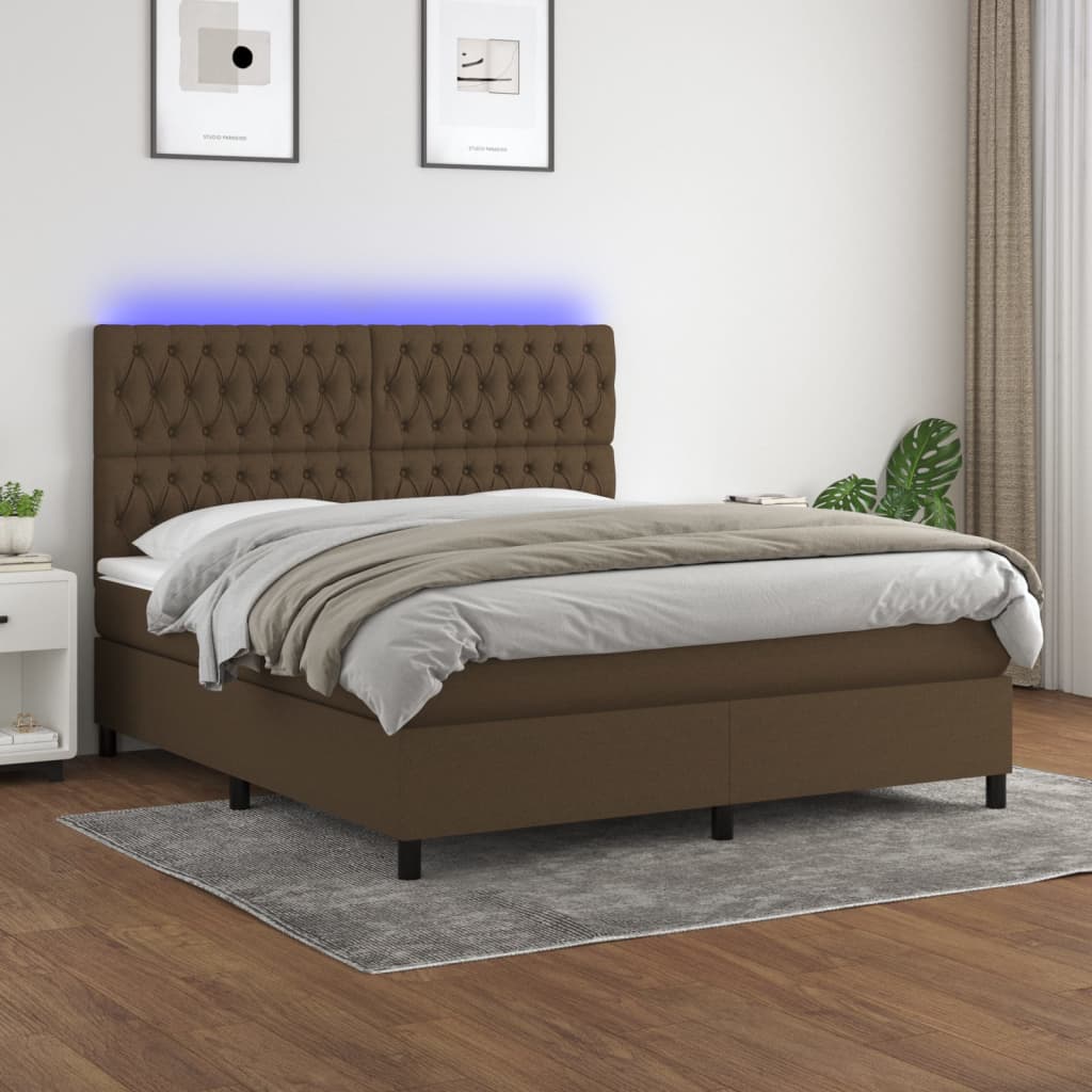 Κρεβάτι Boxspring με Στρώμα & LED Σκ.Καφέ 180x200εκ. Υφασμάτινο