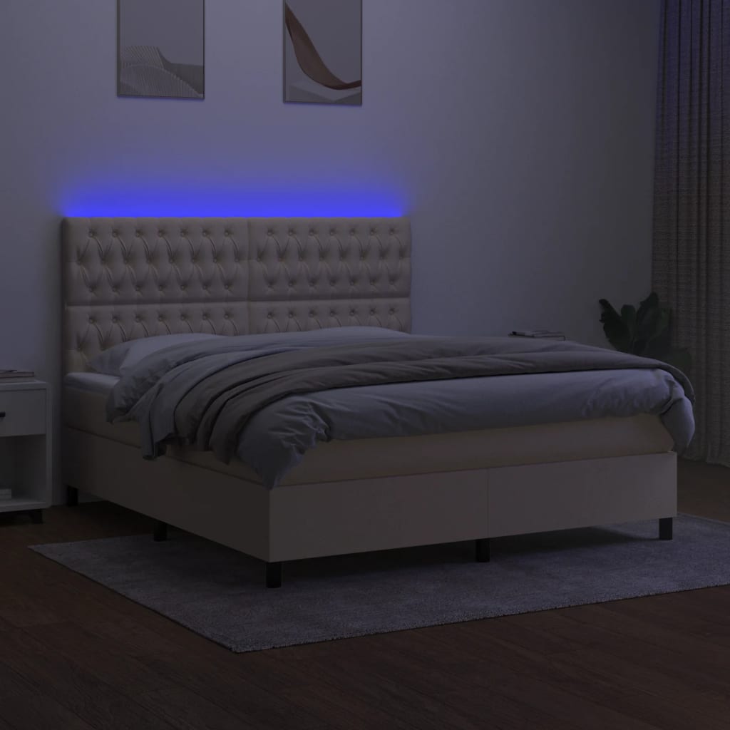 Κρεβάτι Boxspring με Στρώμα & LED Κρεμ 180x200 εκ. Υφασμάτινο