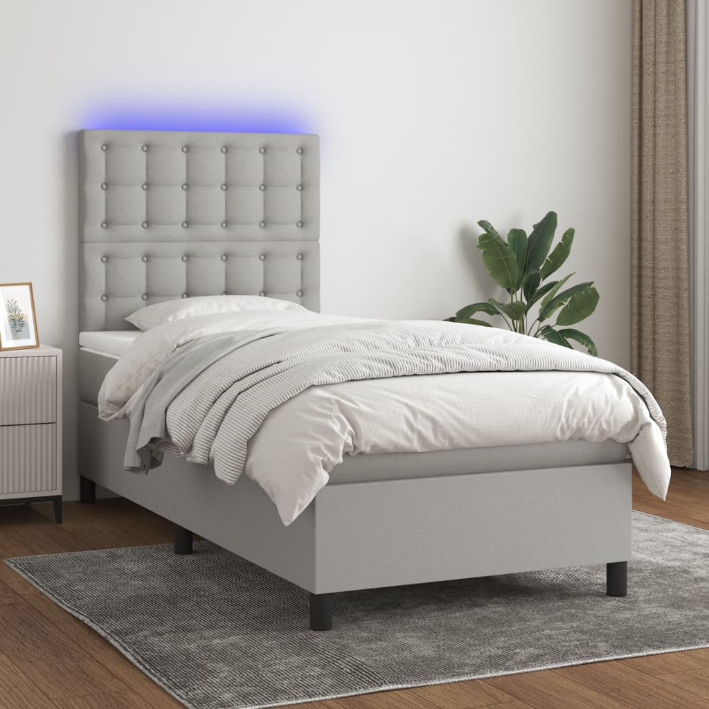 Κρεβάτι Boxspring με Στρώμα & LED Αν.Γκρι 90x190 εκ. Υφασμάτινο