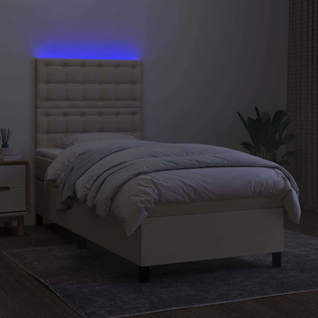 Κρεβάτι Boxspring με Στρώμα & LED Κρεμ 90x190 εκ. Υφασμάτινο
