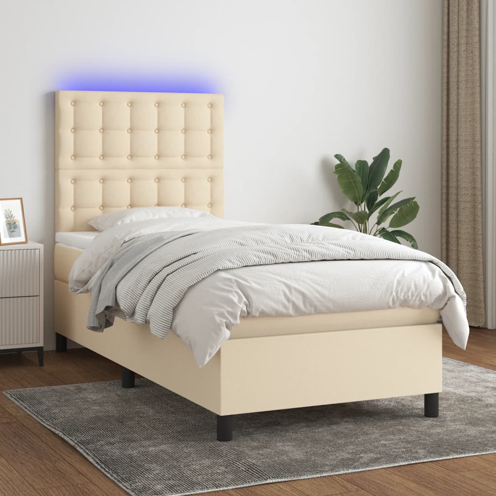 Κρεβάτι Boxspring με Στρώμα & LED Κρεμ 90x190 εκ. Υφασμάτινο