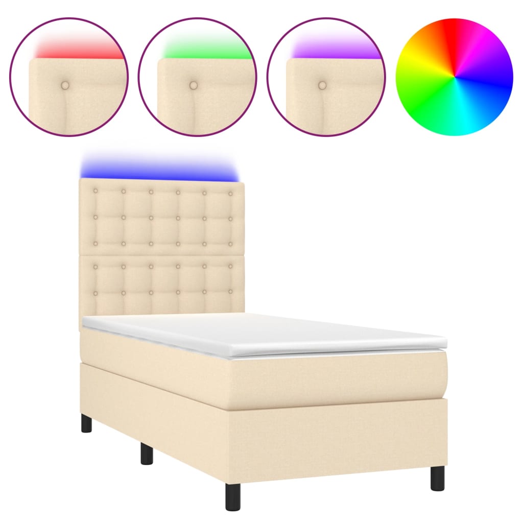 Κρεβάτι Boxspring με Στρώμα & LED Κρεμ 90x200 εκ. Υφασμάτινο