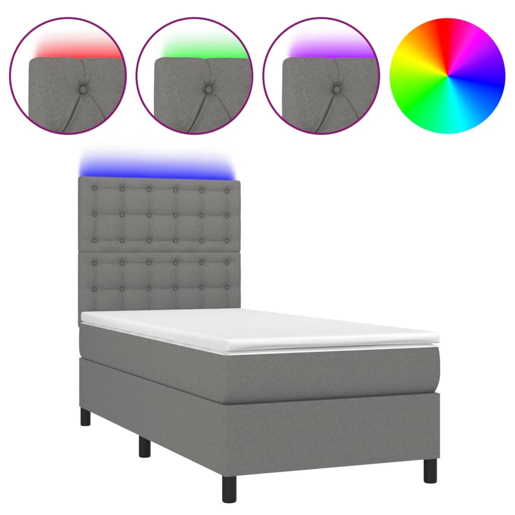 Κρεβάτι Boxspring με Στρώμα & LED Σκ.Γκρι 100x200 εκ Υφασμάτινο