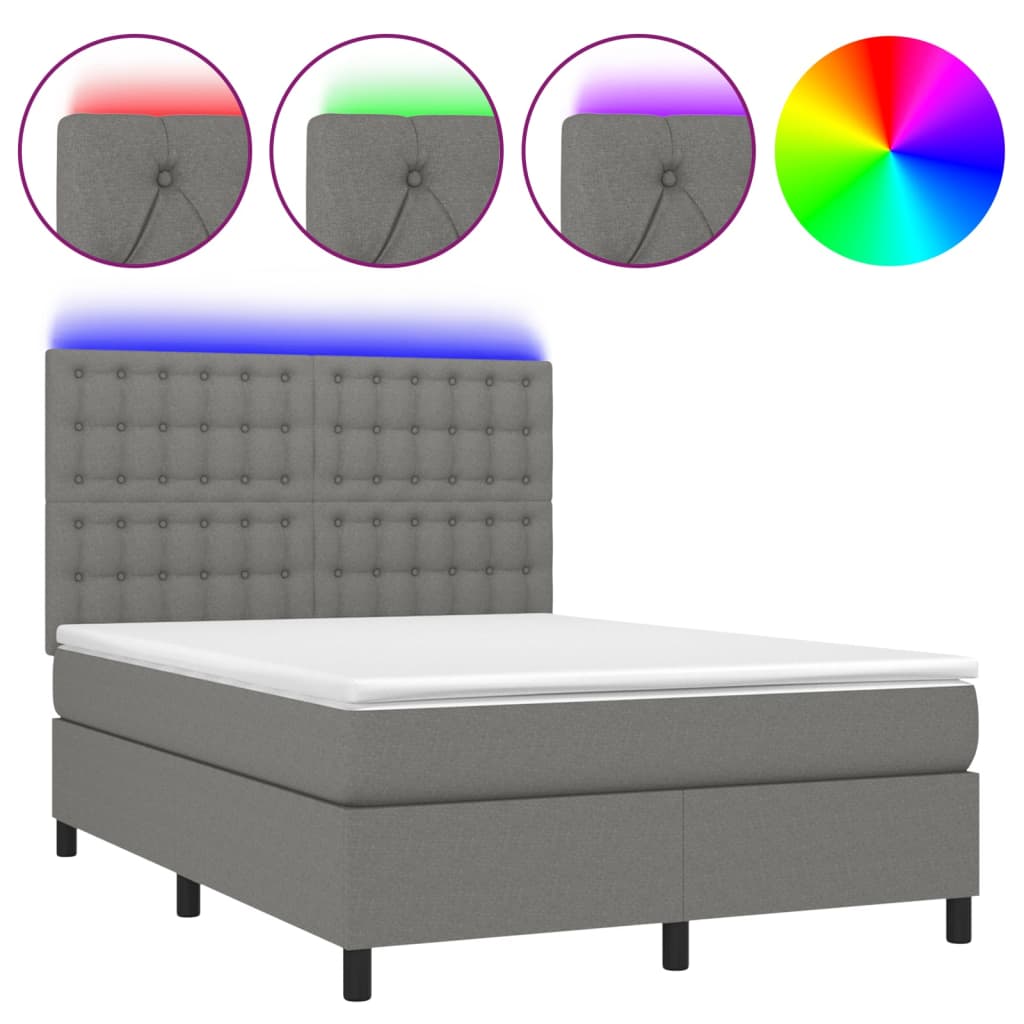 Κρεβάτι Boxspring με Στρώμα & LED Σκ.Γκρι 140x190εκ. Υφασμάτινο