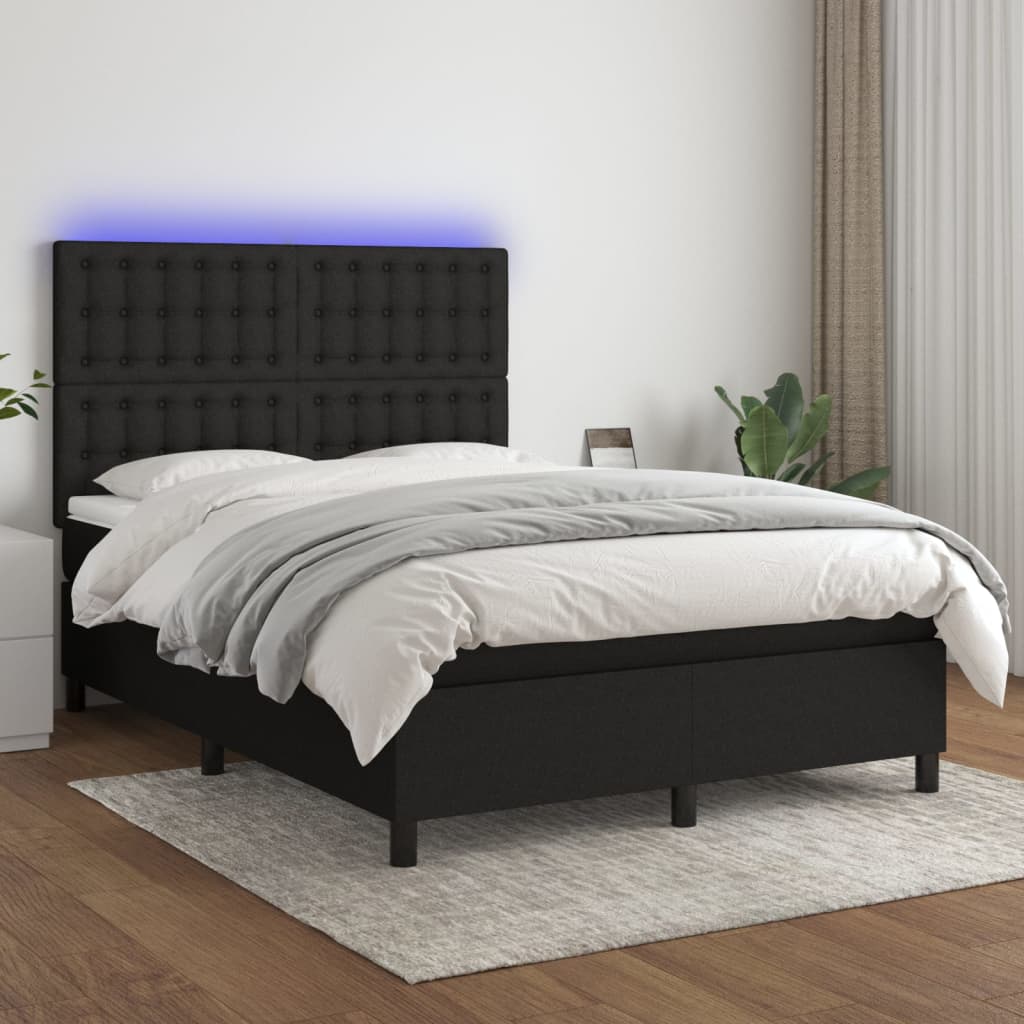 Κρεβάτι Boxspring με Στρώμα & LED Μαύρο 140x190 εκ. Υφασμάτινο