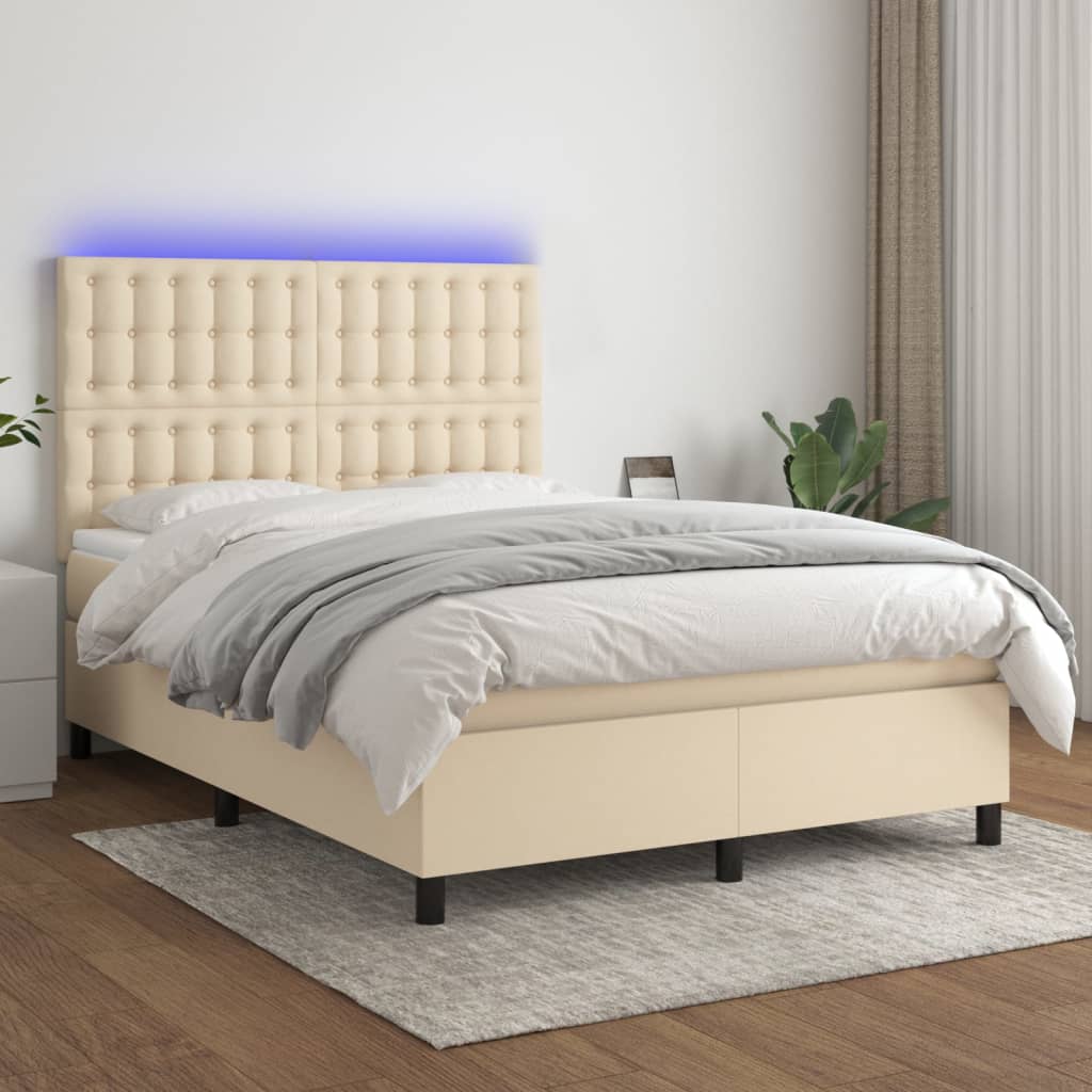 Κρεβάτι Boxspring με Στρώμα & LED Κρεμ 140x190 εκ. Υφασμάτινο - Pakobazaar