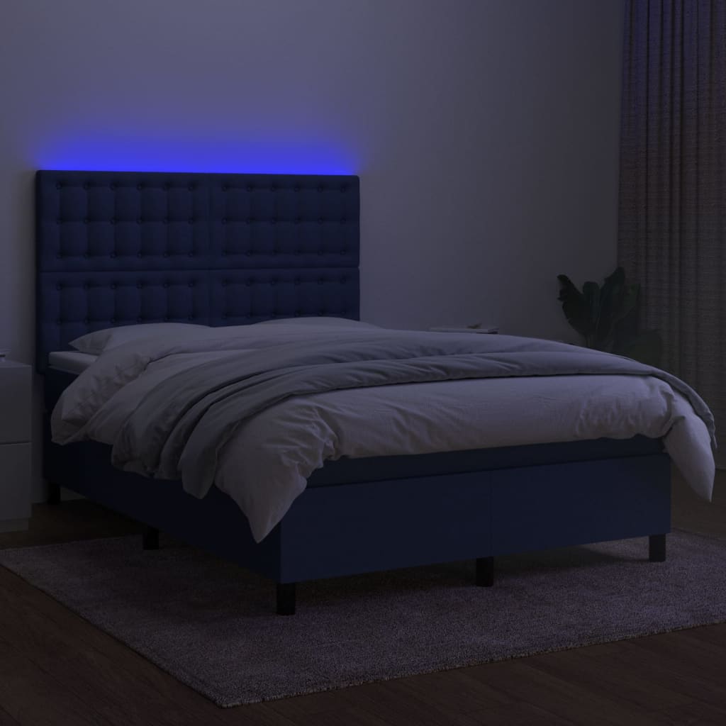 Κρεβάτι Boxspring με Στρώμα & LED Μπλε 140x190 εκ. Υφασμάτινο - Pakobazaar