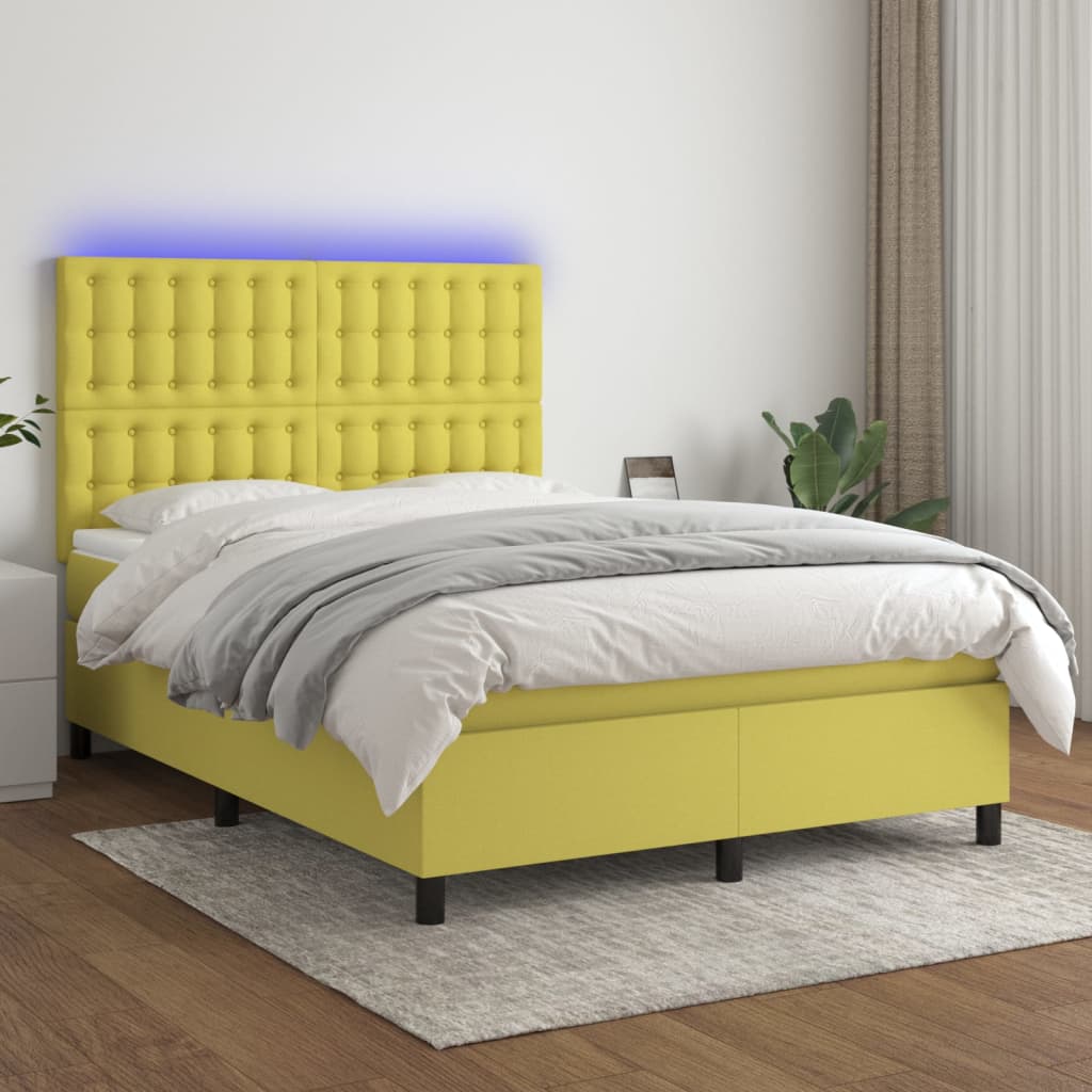 Κρεβάτι Boxspring με Στρώμα & LED Πράσινο 140x190 εκ Υφασμάτινο
