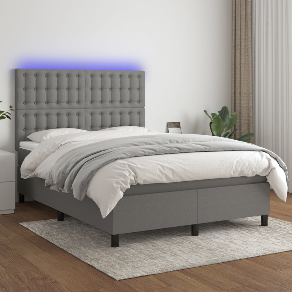 Κρεβάτι Boxspring με Στρώμα & LED Σκ.Γκρι 140x200 εκ Υφασμάτινο