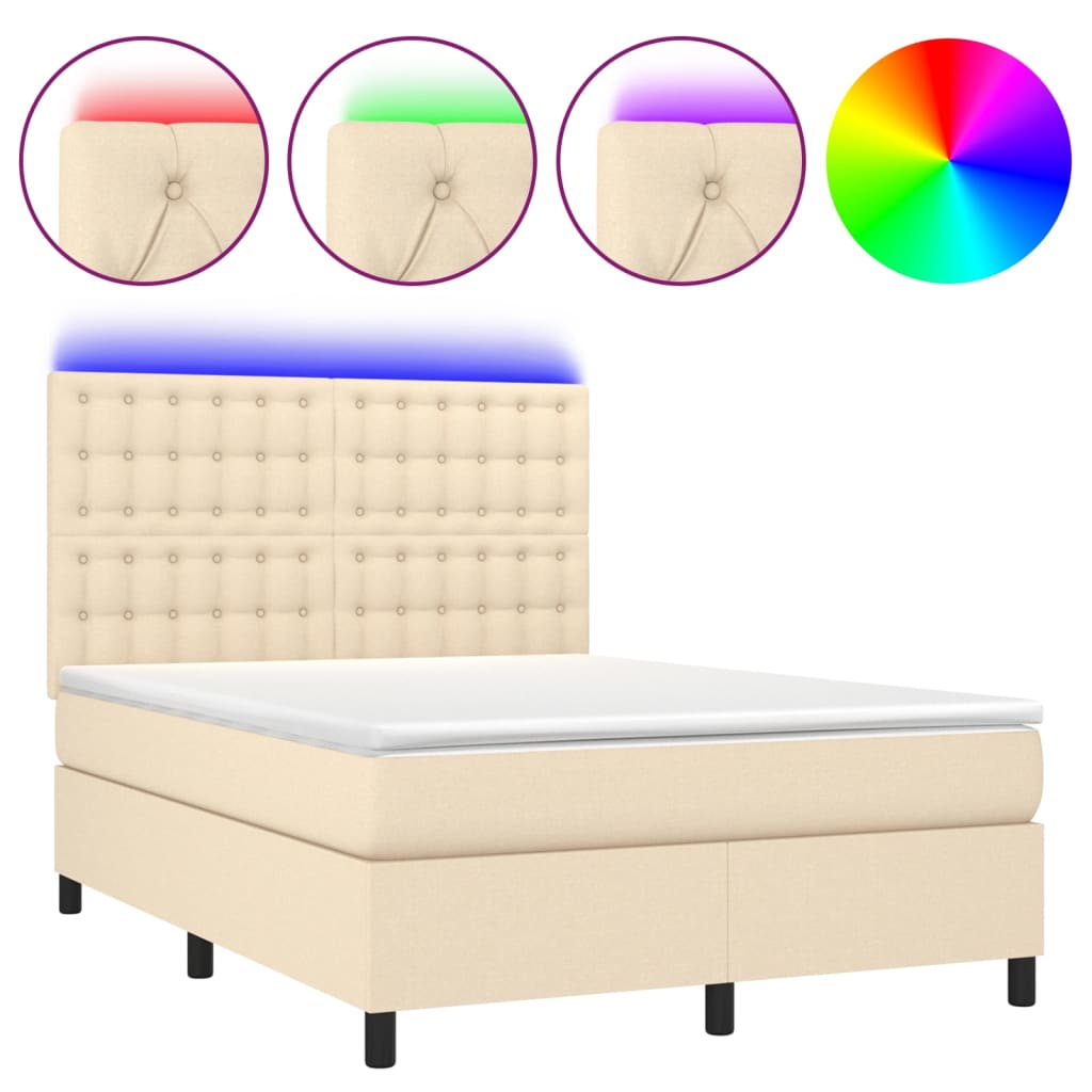 Κρεβάτι Boxspring με Στρώμα & LED Κρεμ 140x200 εκ. Υφασμάτινο - Pakobazaar