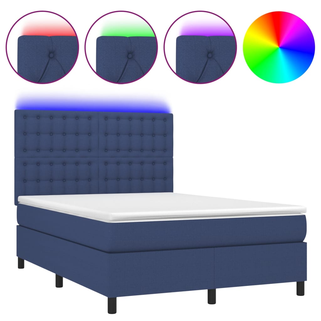 Κρεβάτι Boxspring με Στρώμα & LED Μπλε 140x200 εκ. Υφασμάτινο - Pakobazaar