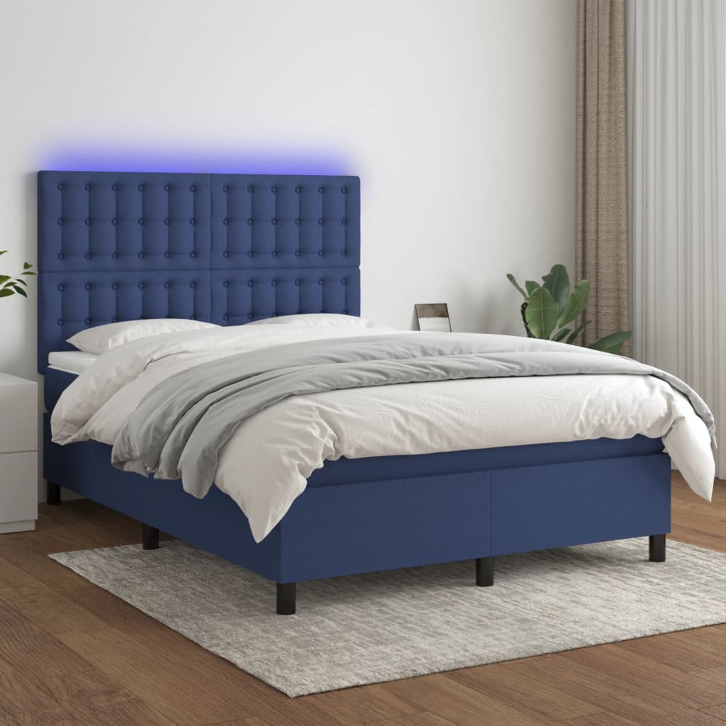 Κρεβάτι Boxspring με Στρώμα & LED Μπλε 140x200 εκ. Υφασμάτινο - Pakobazaar