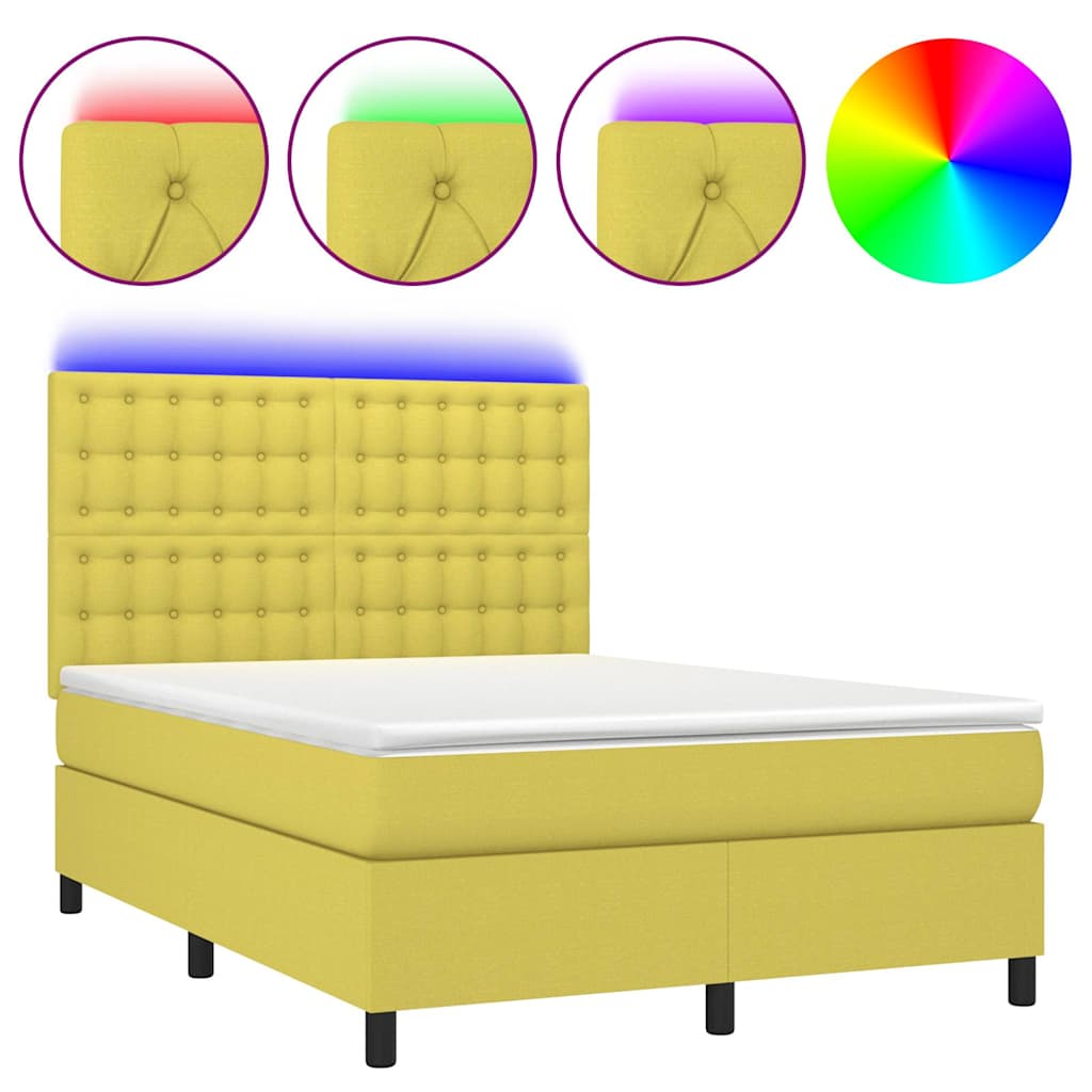 Κρεβάτι Boxspring με Στρώμα & LED Πράσινο 140x200 εκ Υφασμάτινο