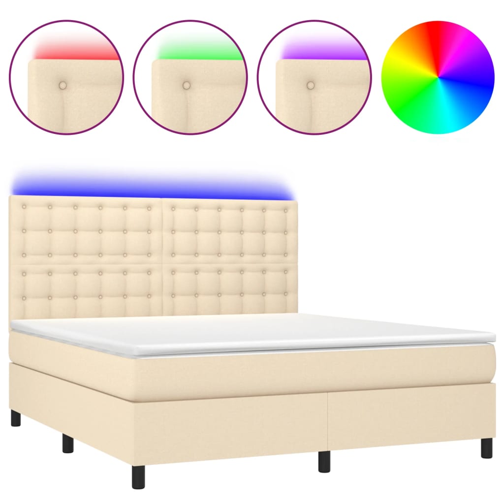 Κρεβάτι Boxspring με Στρώμα & LED Κρεμ 180x200 εκ. Υφασμάτινο