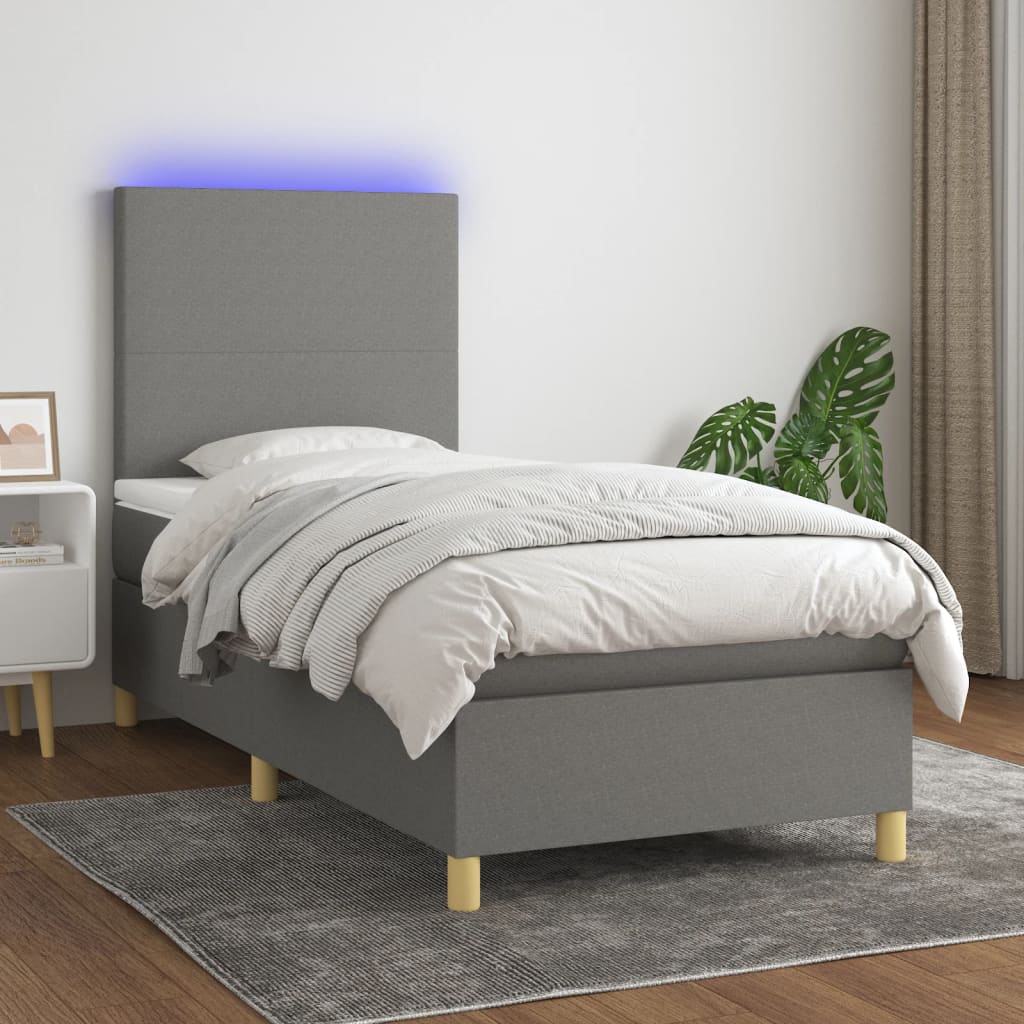 Κρεβάτι Boxspring με Στρώμα & LED Σκ.Γκρι 90x190 εκ. Υφασμάτινο - Pakobazaar