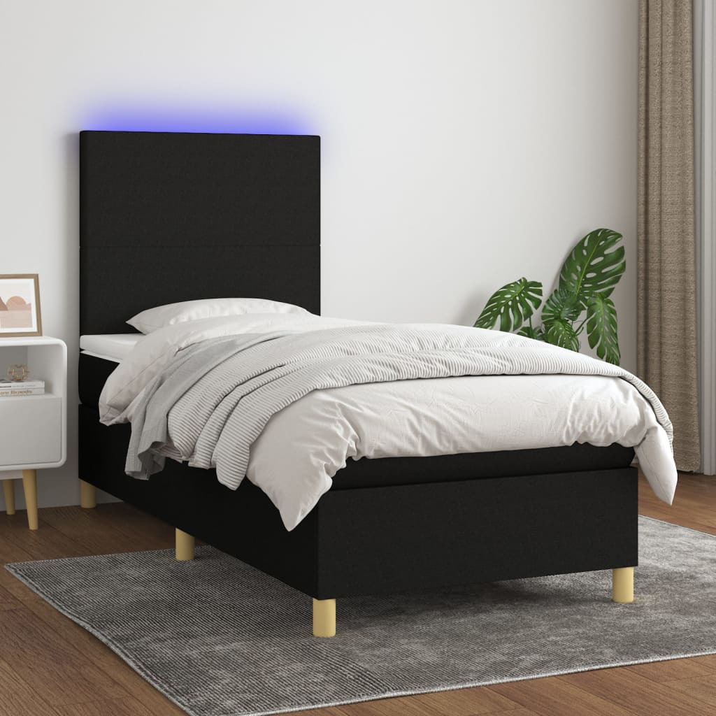 Κρεβάτι Boxspring με Στρώμα & LED Μαύρο 90x190 εκ. Υφασμάτινο
