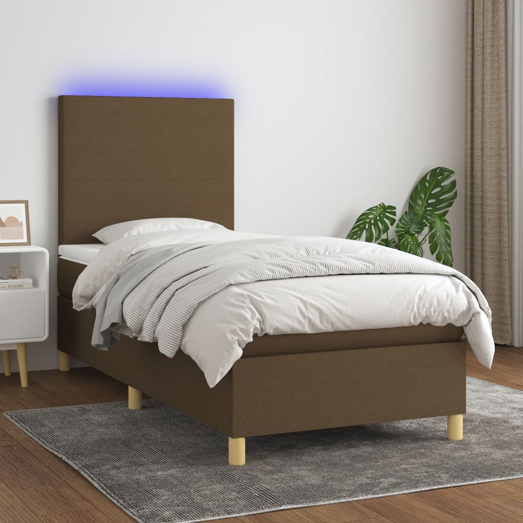 Κρεβάτι Boxspring με Στρώμα & LED Σκ.Καφέ 90x190 εκ. Υφασμάτινο