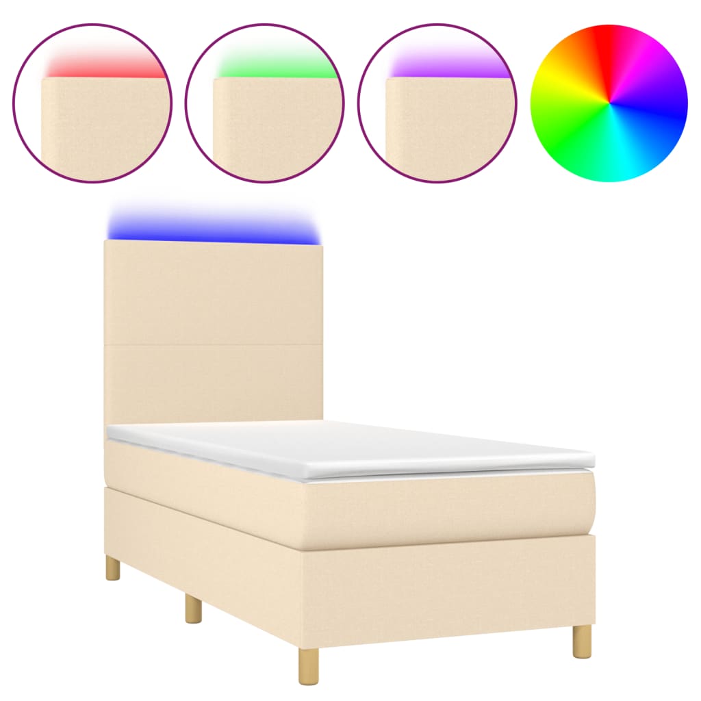 Κρεβάτι Boxspring με Στρώμα & LED Κρεμ 90x190 εκ. Υφασμάτινο